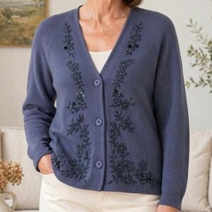 VTG St Andrews Imports Blue 100% Zephyr Wool Coquette Floral Cardigan Size 12